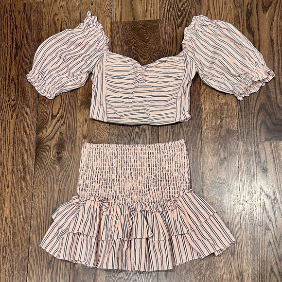 SAYLOR Dresses & Skirts - SAYLOR Smocked Pink & Gray Striped Skirt & Top Set